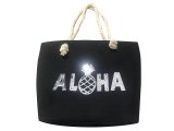 "Aloha" Pineapple Silver Sequin Black Beach Tote Bag w/ Zipper