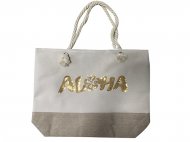 "Aloha" Hibiscus Gold Sequin Cream & Hemp Beach Tote Bag w/ Zip