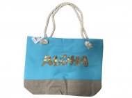 "Aloha" Hibiscus Gold Sequin Blue & Hemp Beach Tote Bag w/ Zipp