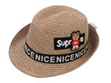 Children Size Super Bear Cream Straw Trilby Hat, MOQ-6/pk