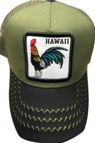 "Hawaii" Rooster Olive Green Cotton Mash Baseball Cap