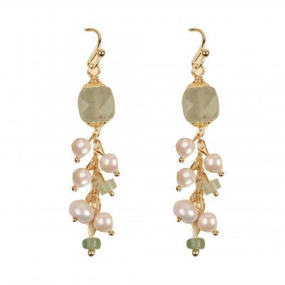 Jade w/ Fresh Water Pearl Cluster Gold Tone Earrings