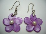 25mm Purple MOP Flower with Pearl in Rhodium Plated Earring Hook