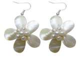30mm White MOP Flower Shell with White Pearls Earrings