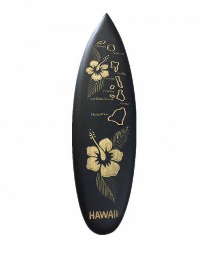 50cm/20" Wood Carved w/ Hibiscus, Island Map & Hawaii Surfboard