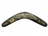 40cm Wood Boomerang Carved w/ Hibiscus, Dolphin, Aloha & Hawaii