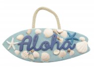 "Aloha" Blue Sand Natural Sea Shell Resin Surfboard Hang Sign