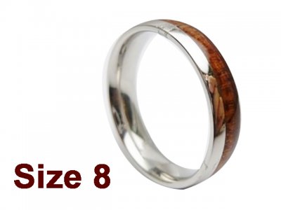 (Size 8) 6mm Stainless Steel Ring w/ Dark Koa Wood Ring