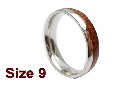(Size 9) 6mm Stainless Steel Ring w/ Dark Koa Wood Ring