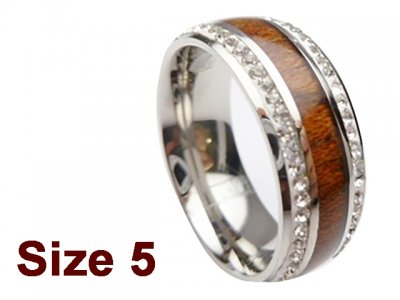 (Size 5) 8mm Koa Wood Stainless Steel Ring w/C.Z.Stone