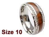 (Size 10) 8mm Koa Wood Stainless Steel Ring w/C.Z.Stone