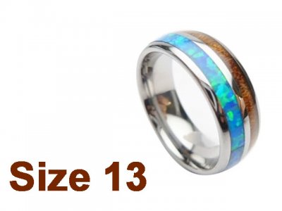 (Size 13) 8mm Koa Wood & Opal Inlay Curved Top Tungsten Ring