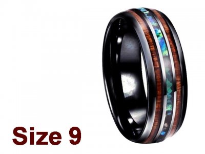 (Size 9) 8mm Abalone & Koa Wood Black Tungsten Ring