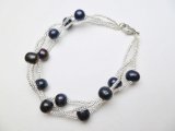 3 Strands-7mm Black Fresh Water Pearl with Silver Beads Bracelet