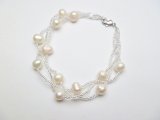 3 Strands-7mm White Fresh Water Pearl with Silver Beads Bracelet