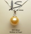 12mm 925 Silver Cap Gold MOP Shell Pendant w/ 925 Silver Chain