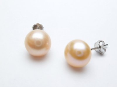 925 Silver 8mm Peach Shell Pearl Drop Earrings 