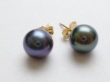 14K Gold Stud 9mm Round Black Culture Pearl Earring