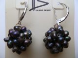 Black Freshwater Pearl Cluster Earrings w/ 925 Silver Lever Back