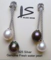 9mm Black and White Freshwater Pearl Earring w/ 925 Silver