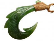 Green Jade Carved Tribal Carving Fishhook on Adjustable Hemp Cor