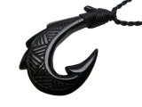Black Jade Carved Fish Hook on Adjustable Hemp Cord