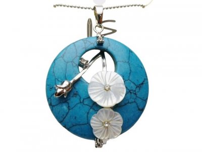 DCI-40mm Turquoise Stone w/ MOP Flower on 18" Ball Chain