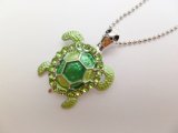 Green Turtle w/ Green Crystal Pendant 18KGP Metal Ball Chain