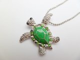 Green Turtle w/Green CZ Crystal Pendant w/ 18KGP Metal Chain 18"