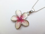 White and Pink Plumeria w/ Pink CZ Crystal Pendant w/ Ball Chain