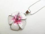 White and Pink Hibiscus w/ Pink CZ Crystal Pendant w/ Ball Chain
