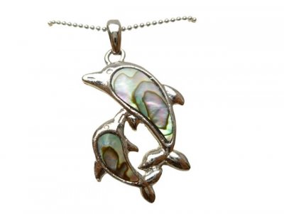 DCI-35x30mm Abalone Shell Double Dolphin w/ 18" Metal Ball Chain