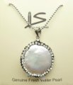 White Fresh Water Pearl w/ Crystal Bead Pendant Necklace 18"