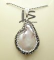White Fresh Water Pearl w/ Crystal Bead Pendant Necklace 18"