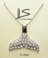 White Crystal Bead whale Tail Pendant Necklace 18"