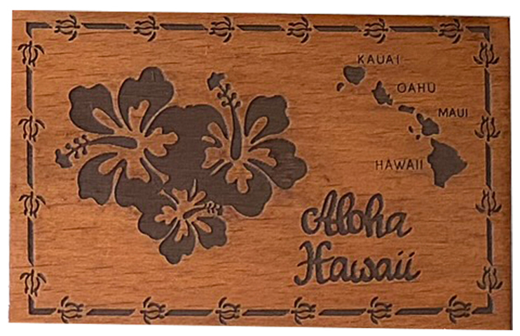 "Aloha Hawaii" Hibiscus & Island Map Wood Stamped Magnet - Click Image to Close