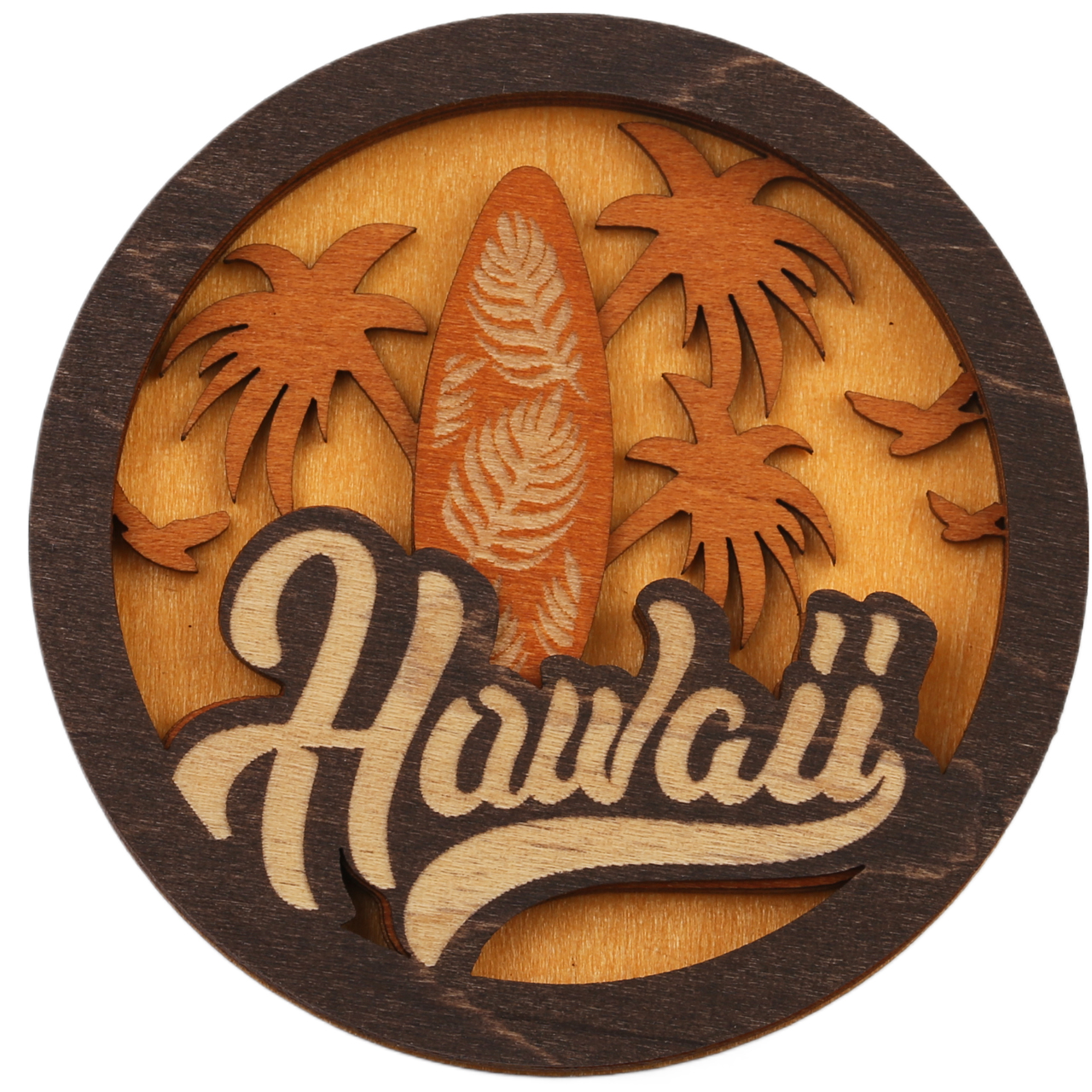 "Hawaii" Palm Tree & Surfboard Round Wood Magnet 7cm / 2.75"