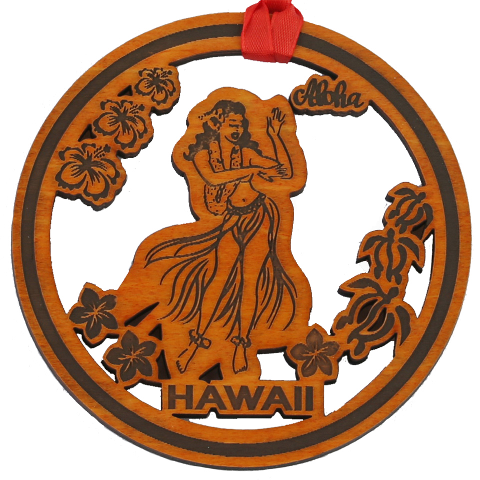 "Hawaii" Hula Dancer Wood Cut Ornament / Coaster 10X10X0.5cm