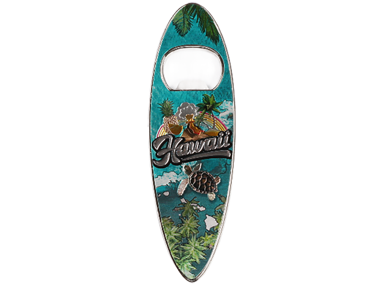 "Hawaii" Turtle & Rainbow Metal Surfboard Bottle Opener Magnet