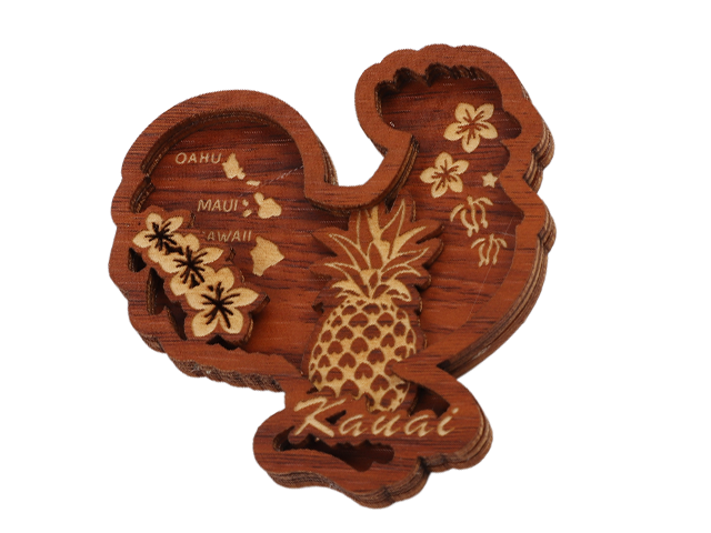 "Kauai" Rooster Shaped Pineapple Wood Carved Magnet