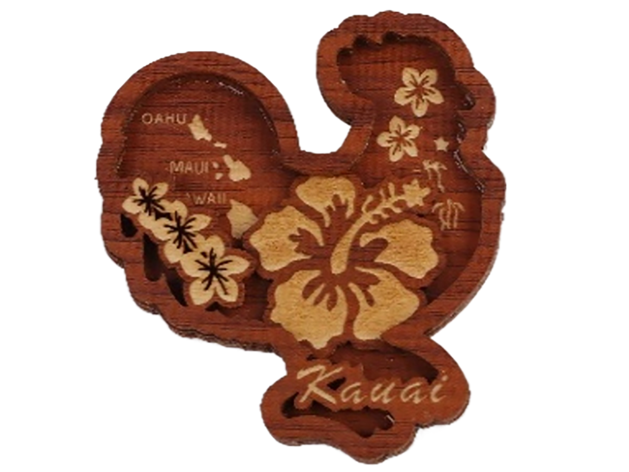 "Kauai" Rooster Shaped Hibiscus Wood Carved Magnet - Click Image to Close