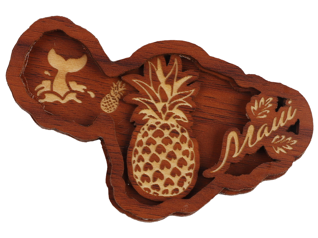 "Maui" Island Map Pineapple Wood Carved Magnet