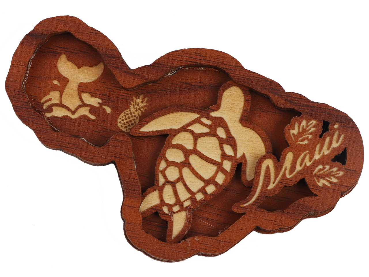 "Maui" Island Map Sea Turtle Wood Carved Magnet