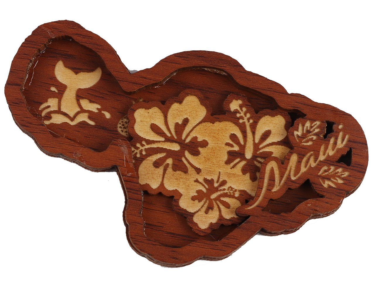 "Maui" Island Map Hibiscus Wood Carved Magnet