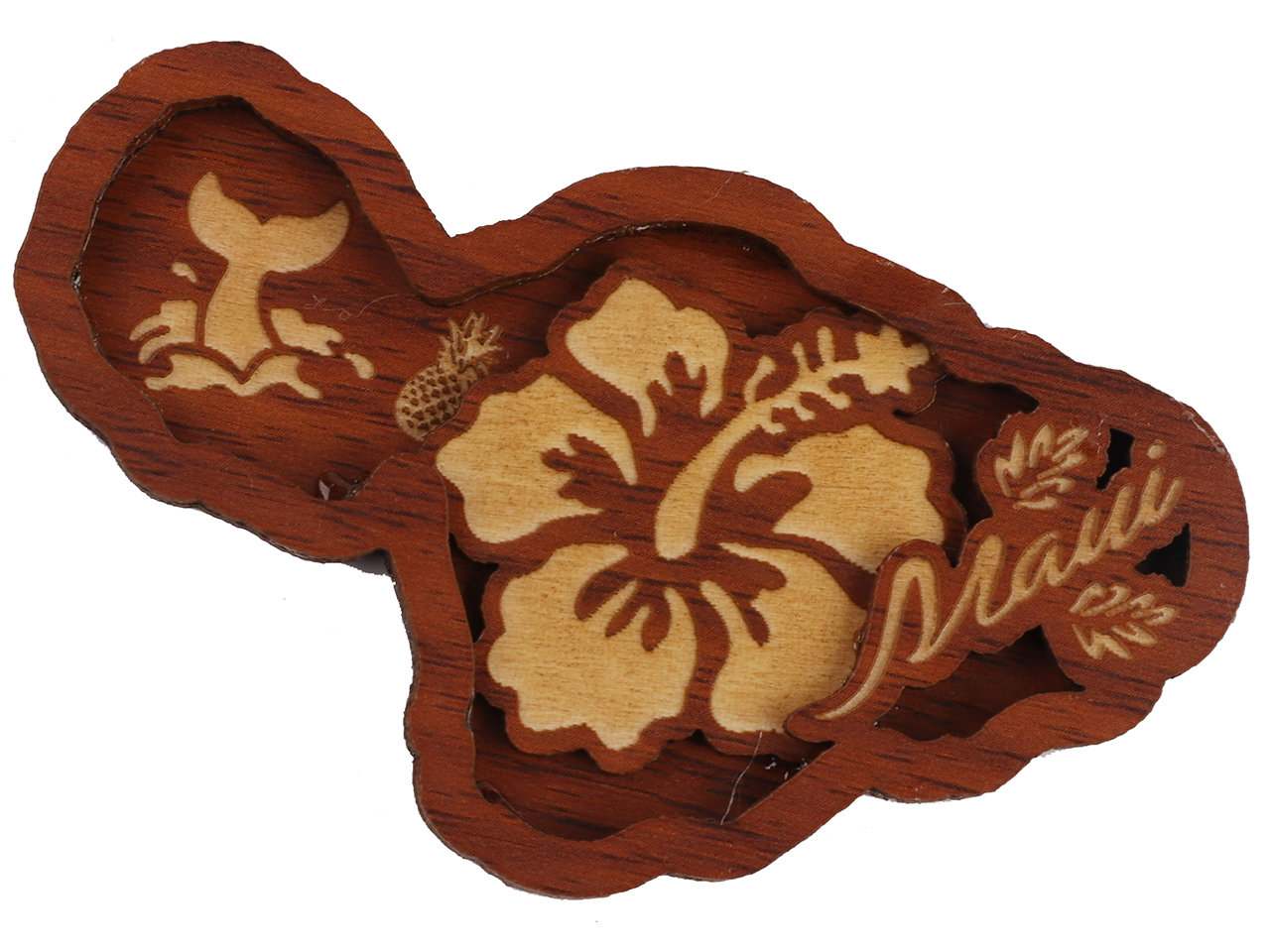 "Maui" Island Map Hibiscus Wood Carved Magnet