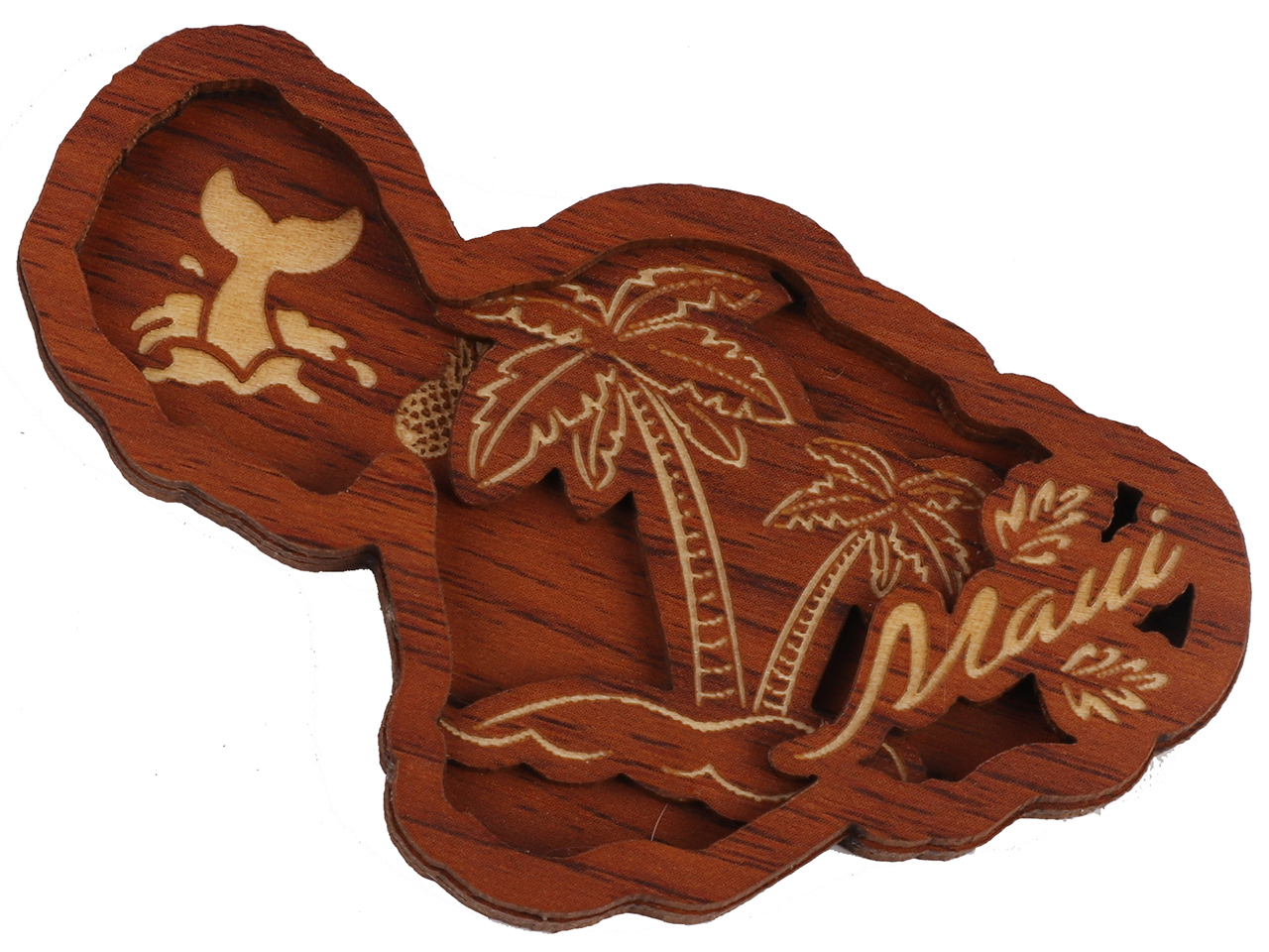 "Maui" Island Map Palm Tree Wood Carved Magnet