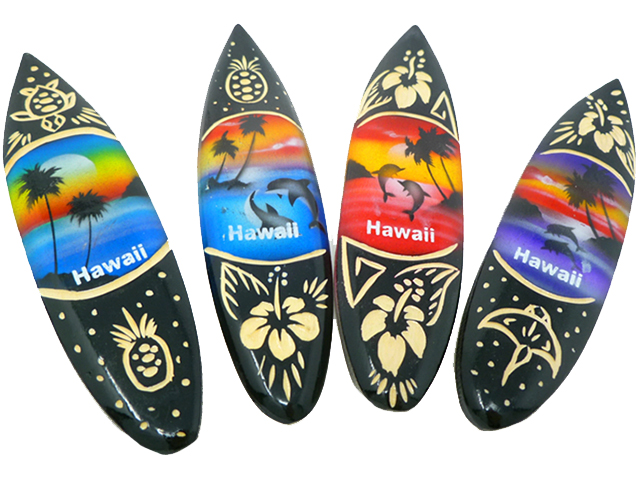 "Hawaii" Airbrushed 12cm Assorted Wood Carved Surfboard Magnet