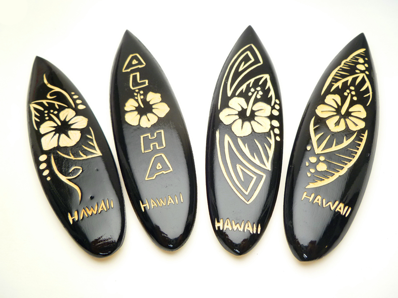 "Hawaii" Hibiscus 12cm Assorted Wood Carved Surfboard Magnet