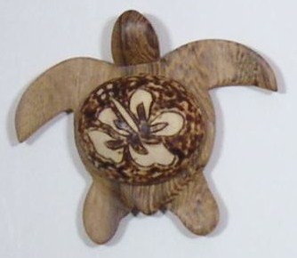 "Hawaii" - 3" Wood Turtle Magnet w/ Hibiscus Flower