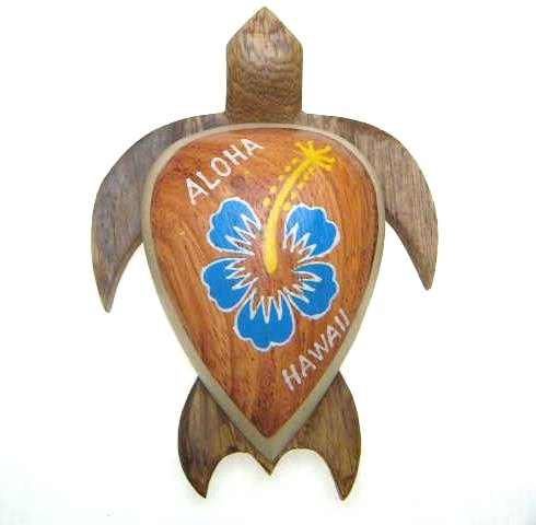 4" Wood Turtle Magnet w/ Painted BLUE Hibiscus Flower